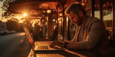 Man Sitting at Table Using Laptop Computer Generative AI