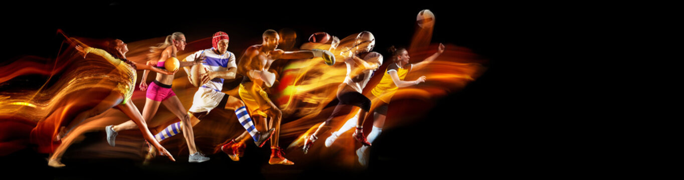 Dynamic poses. Athletes of different sport in motion, training on black background in neon with mixed lights. Concept of sport, competition, tournament, action, dynamics. Banner
