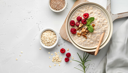 Board with bowl of tasty buckwheat porridge on white table - obrazy, fototapety, plakaty