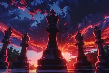 Fotobehang checkmate position with the losing king surrounded by the winning pieces, highlighting the importance of foresight and planning. cartoon anime manga © Izanbar MagicAI Art