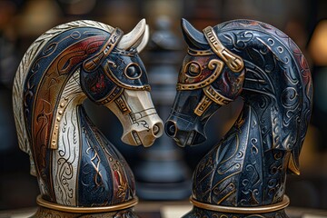 Two knights locked in a battle, showcasing the elegance and strategic maneuvers of this unique chess piece. Chess game concept.