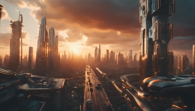 cinematic shot of an epic futuristic cityscape, with floating cars and buildings. The sky is orange as the sun sets behind them. A few small spaceships can be seen in flight