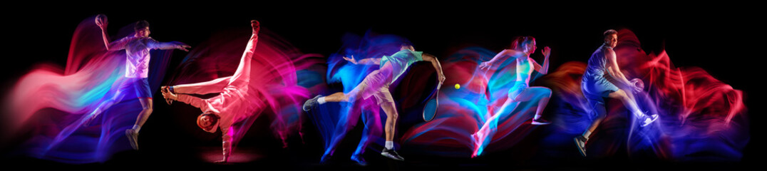 Dynamic images of athletes of different sport in motion, training on black background in neon with...