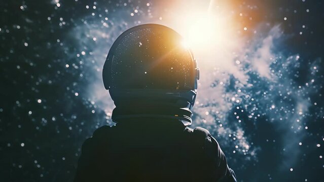 Silhouetted against the bright light coming from the pit a person in a space helmet stares out into the vast expanse of stars their . .