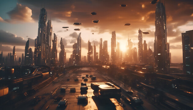 cinematic shot of an epic futuristic cityscape, with floating cars and buildings. The sky is orange as the sun sets behind them. A few small spaceships can be seen in flight