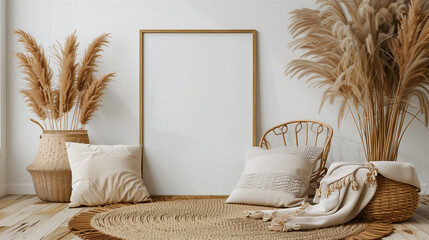 Modern living room, white wall dried pampas grass, wooden frame, beautiful wooden frame, wooden photo frame, frame mockup, blank photo frame, blank wall frame, Vertical frame mockup