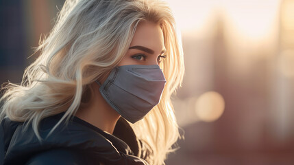 Young blonde woman in protective medical mask walks down to the street uses smartphone texts scrolls surfs the internet search news, covid19 coronavirus virus protection pandemic city. Photo close up - obrazy, fototapety, plakaty