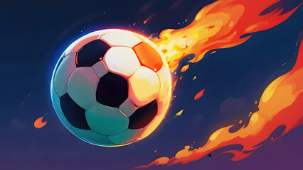 Soccer ball with fire tongues falling in flame blaze. sport inventory, competition or tournament promotion. cartoon flying ball on dark background