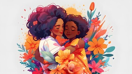mom hugs her daughter with love and care. Watercolor illustration of happy African American mother and child. Mother's Day card with loving family and flowers