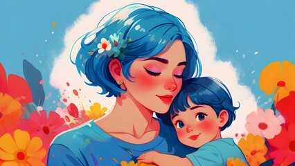 Obraz na płótnie Canvas Happy mom hugging her child with love. family embrace each other. Happy Mother's Day watercolor Illustration with people and Cute flowers. girls with blue hair