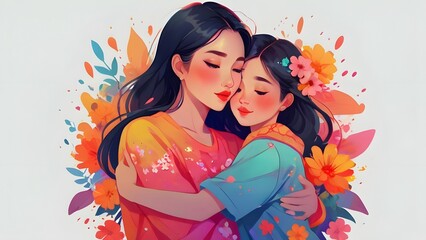 young woman gently hugs her daughter. Watercolor illustration of happy asian mother and child. Mother's Day card with loving family and flowers - obrazy, fototapety, plakaty