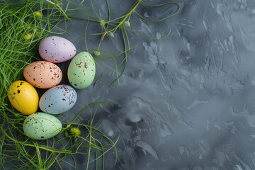 Easter background with colored eggs and green grass on dark gray stone texture, flat lay