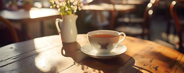 Capturing a serene English café scene. Macro shot of a tea cup, bathed in sunlight, celebrating 'World Tea Day' amidst tranquil ambiance, sans people - obrazy, fototapety, plakaty