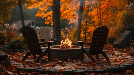 a tranquil autumn retreat with a flickering fire pit and Adirondack chairs, enveloped by the golden ambiance of fall attractive look