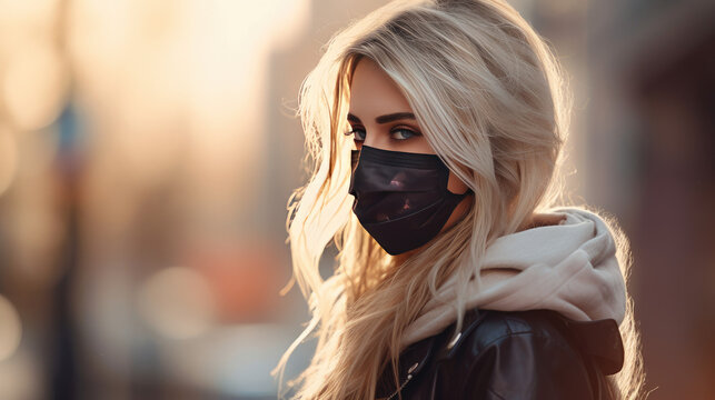 Young blonde woman in protective medical mask walks down to the street uses smartphone texts scrolls surfs the internet search news, covid19 coronavirus virus protection pandemic city. Photo close up