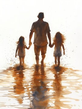 silhouette di un padre e due figli un maschio e una femmina, fondo solido bianco - generative ai