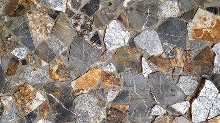 Fototapeta premium A highly textured granite background in a mosaic of grey, brown, and white, resembling a natural, rocky terrain. The surface has a mix of polished and rough textures, giving a multi-dimensional look.