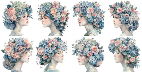Dreamy watercolor portrait of a beautiful woman with a floral crown on her head 