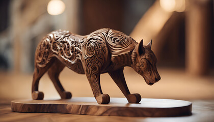 A closeup of an intricately carved wooden wolf, showcasing the fine details and craftsmanship in its form. The background is blurred to emphasize the sculpture's design. Generative AI