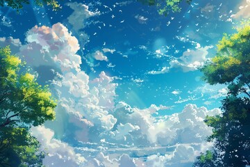 Fototapeta na wymiar The anime-style illustration of a beautiful rainbow spanning across the blue sky.