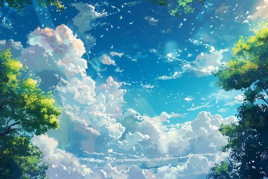 The anime-style illustration of a beautiful rainbow spanning across the blue sky.