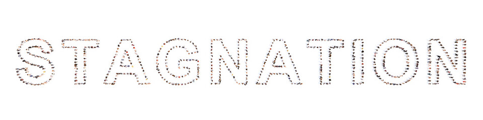 Concept or conceptual large community of people forming the word STAGNATION. 3d illustration metaphor for declining economic activity, no growth,  high unemployment and underemployment