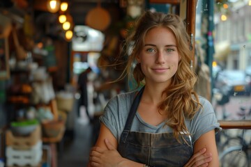 A blond woman in an apron with brown hair is standing in a city restaurant, arms crossed, welcoming customers with a smile. Its a fun retail event for travelers