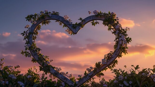 A heart-shaped metal frame entwined with ivy and small white flowers, set against an evening sky. - Powered by Adobe