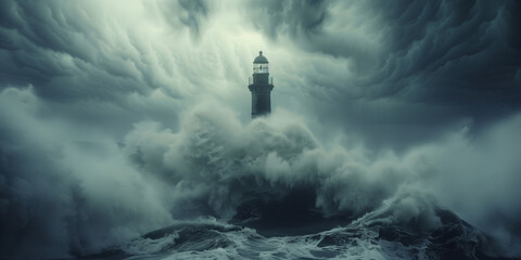 In a digital masterpiece, a lighthouse stands resilient against massive storm waves amidst tumultuous cloud formations, capturing the raw power and fury of nature. - obrazy, fototapety, plakaty
