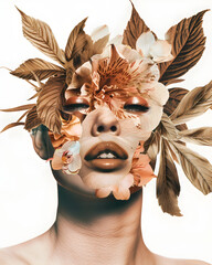 Flower woman portrait collage art, surreal escapism. flower face, and woman flower