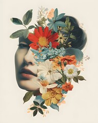 Flower woman portrait collage art, surreal escapism. flower face, and woman flower