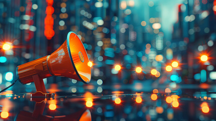 In a futuristic cityscape, an orange megaphone stands out against the neon-lit skyline, the bokeh lights reflecting off its sleek surface - obrazy, fototapety, plakaty