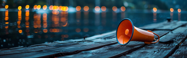 On a peaceful lakeside, an orange megaphone rests on a weathered dock, the bokeh lights of distant boats dancing on the water's surface - obrazy, fototapety, plakaty
