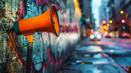 In an urban alleyway, an orange megaphone leans against a graffiti-covered wall, and the bokeh lights from passing cars create a dynamic backdrop - obrazy, fototapety, plakaty