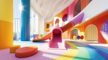 a vibrant visual of an updated indoor play space for kids, highlighting a colorful slide within a...