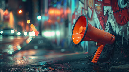 In an urban alleyway, an orange megaphone leans against a graffiti-covered wall, and the bokeh lights from passing cars create a dynamic backdrop
