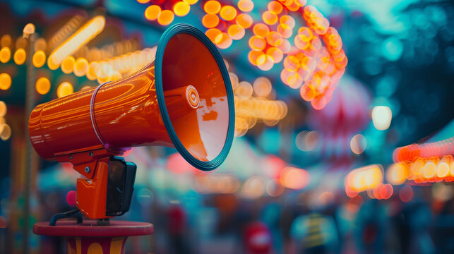 At a bustling fairground, an orange megaphone rests on a colorful carnival booth, the bokeh lights from the rides swirling around it