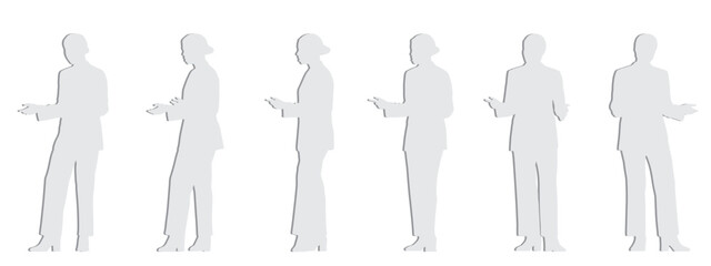 Vector conceptual gray paper cut silhouette of a business woman making a presentation from different perspectives isolated on white. A metaphor for confidence, leadership, business and competence