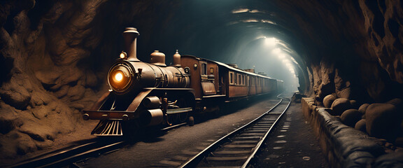 A steam locomotive in an underground tunnel, illuminated by the light of oil lamps, with wooden carriages filled with mine workers and luggage. - obrazy, fototapety, plakaty