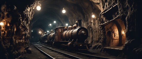 A steam locomotive in an underground tunnel, illuminated by the light of oil lamps, with wooden carriages filled with mine workers and luggage.
