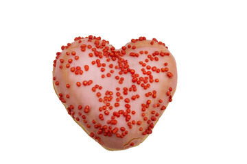 Pink strawberry donut in the shape of a heart on a white background. Isolated