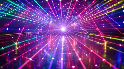 Naklejka premium A festive laser show panorama, where multicolored beams form a spectacular canopy of light, ideal for a party atmosphere banner.