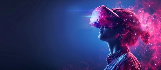 Young woman experience VR headset is using augmented reality eyeglasses VR poster banner concept - obrazy, fototapety, plakaty