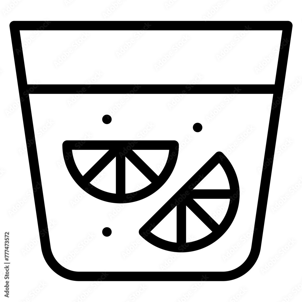 Canvas Prints Summer cold drink thin line icon. Vector illustration with a glass of drink with ice cubes and lemon or orange slice and a straw.