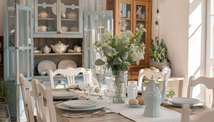 Interior of dining room with table served for Easter celebration