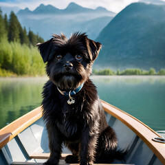 Affenpinscher dog sitting in a rowboat on a tranquil lake, with mist-covered mountains in the...
