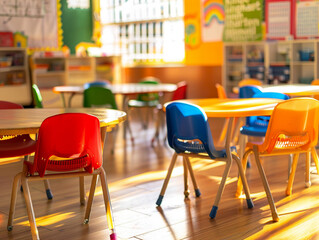 A colorful classroom with chairs 