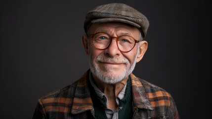 Gentleman in a cap and glasses with a kind smile - obrazy, fototapety, plakaty