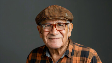A content senior man with glasses and a tweed cap, smiling at the camera - obrazy, fototapety, plakaty