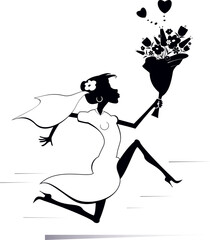 Cartoon running woman with a bunch of flowers. 
Heart symbols. Pretty bride in the white dress and wedding veil running with bunch of flowers at his hand. Black and white illustration
